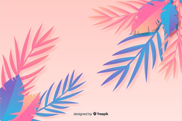 Blue and pink leaves background in paper style