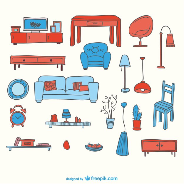 Blue and red furniture elements