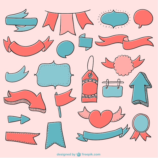 Free vector blue and red ribbons, badges and arrows