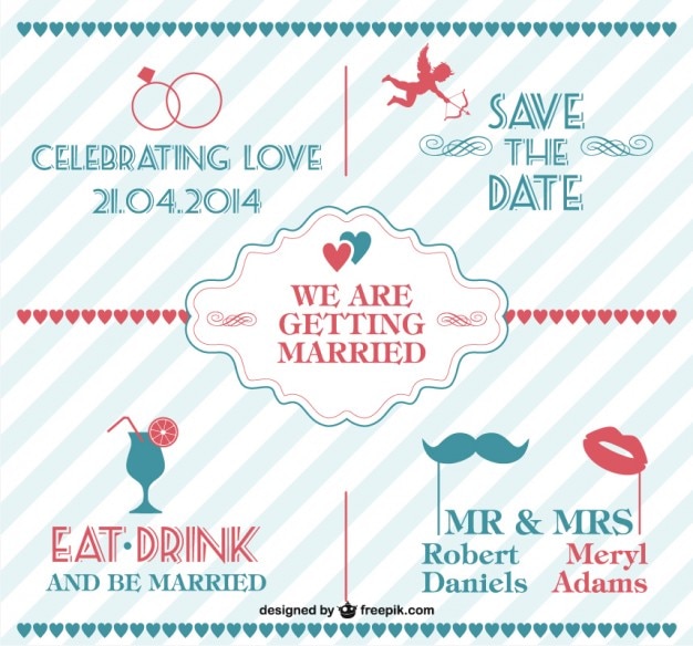 Free vector blue and red vintage wedding invitation