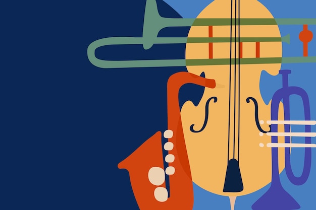 Синий ретро-фон, музыкальная граница, вектор джазовых инструментов