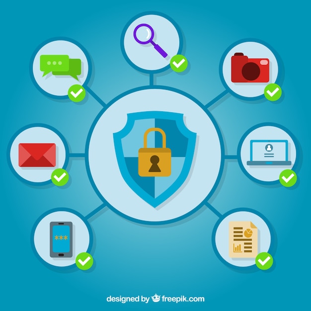 Blue security background with flat objects