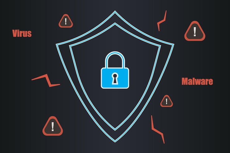 Free Vector a blue shield with a lock on it and the words virus and malware written below it