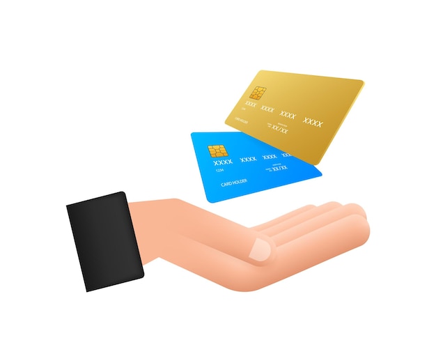 Blue simple credit card with hands template on white background. vector illustration.