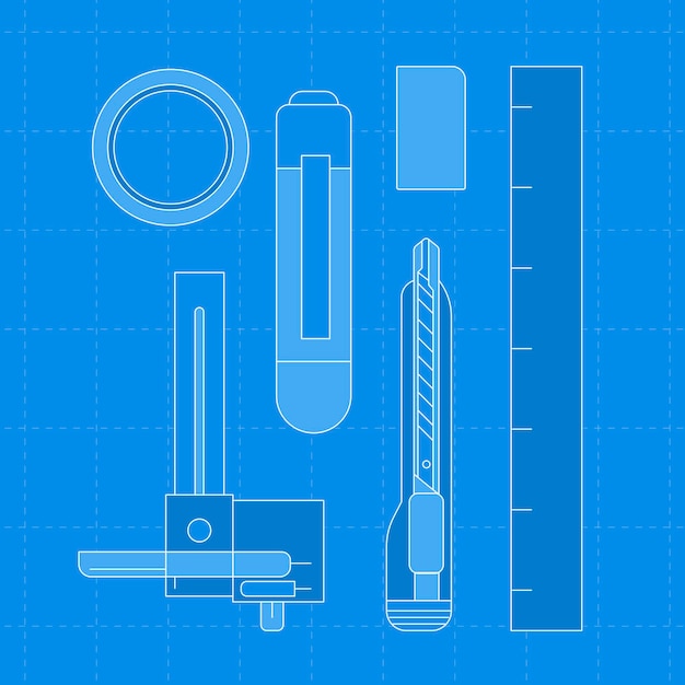 Blue stationery outline, vector illustration set