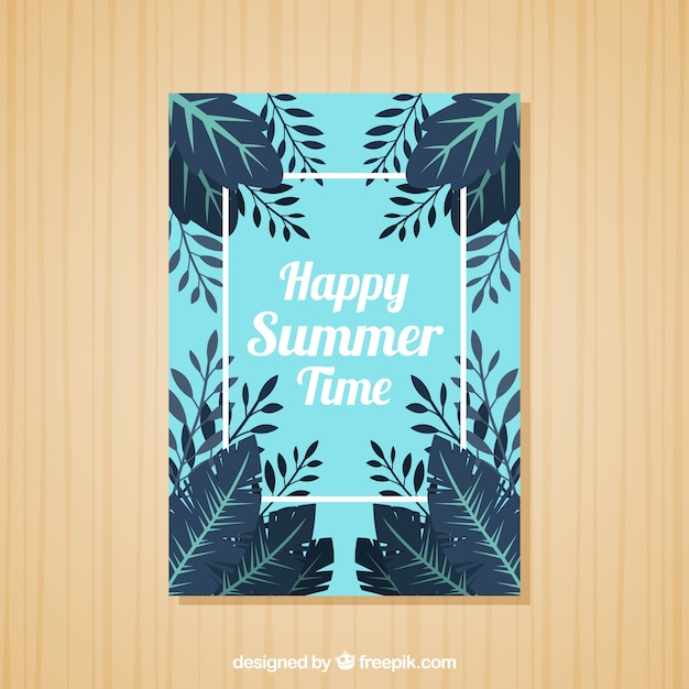 Blue summer card with leaves