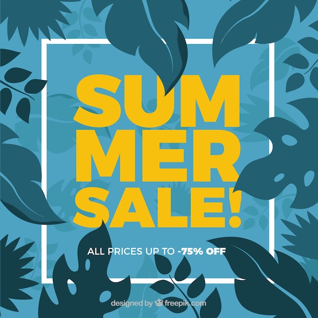 Blue summer sale background with leaves