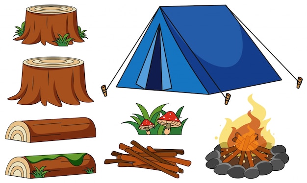 Blue tent and campfire on white background