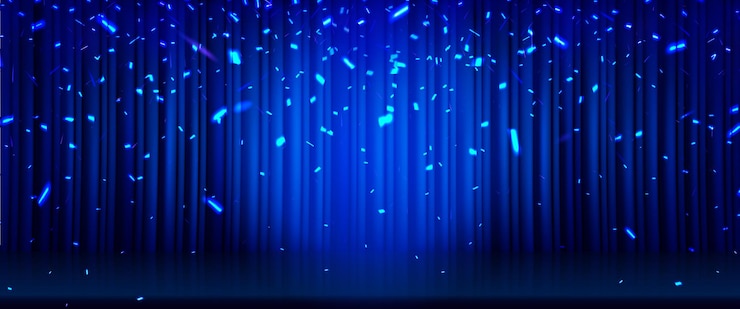 Free Vector blue theater stage curtain with falling confetti