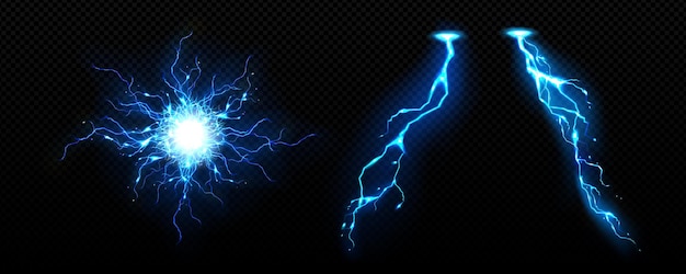 Free vector blue thunder energy light and electric circle magic vector illustration 3d realistic plasma sphere and power explosion neon isolated thunderstorm crack discharge flash burst with glow