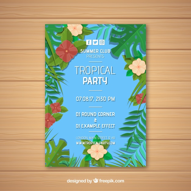 Vettore gratuito brochure tropicale partito blu con fiori e foglie