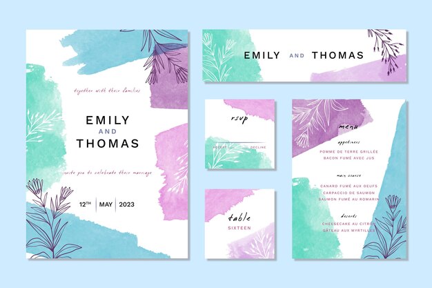 Blue and violet watercolor wedding stationery items