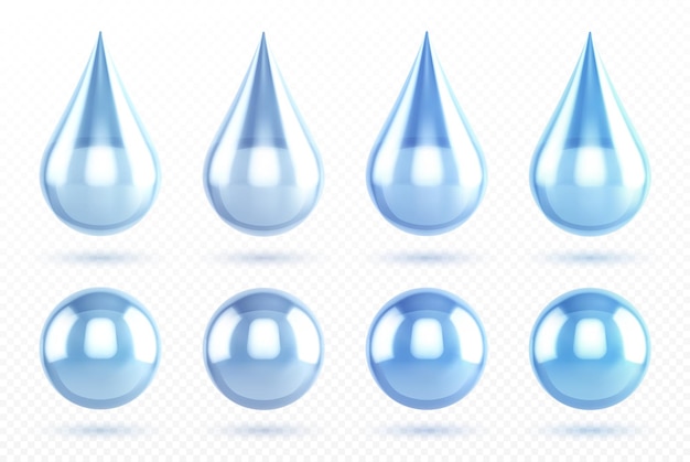 透明な背景に分離された青い水滴。液滴と水球、きれいで純粋な雨滴と光沢のある丸い露のベクトルリアルなアイコンセット