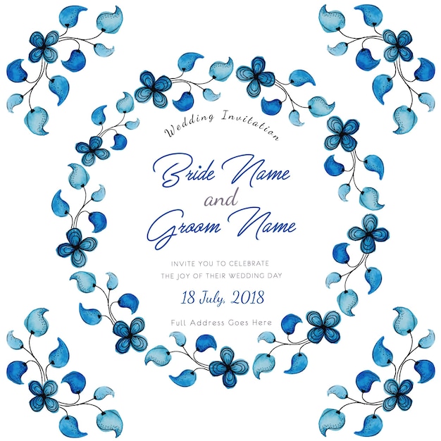 Free vector blue watercolor floral wedding invitation card