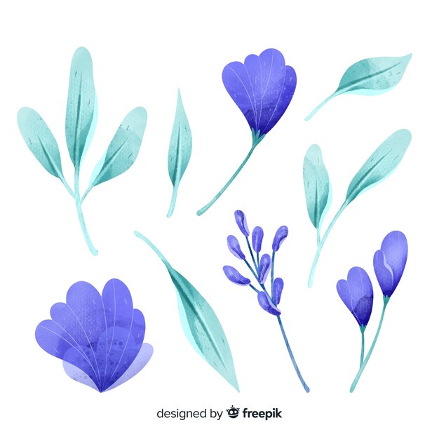푸른 수채화 꽃과 잎