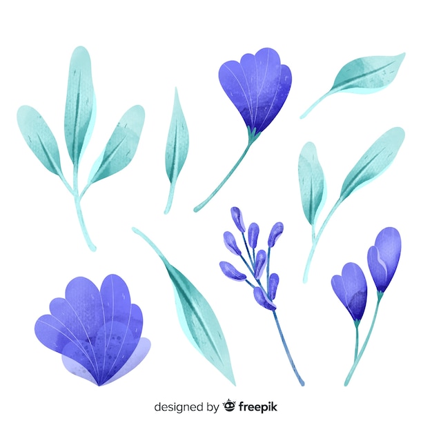Blue watercolor flowers and leaves