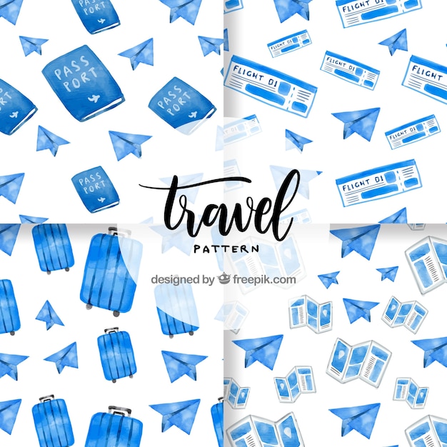 Blue watercolor travel elements pattern