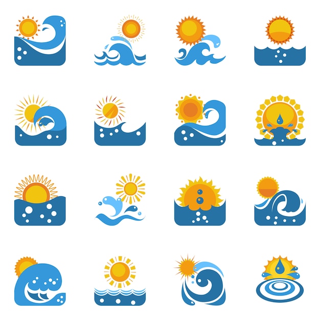 Голубая волна с солнцем набор иконок