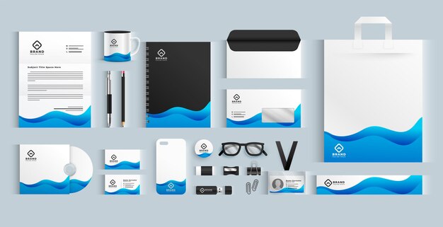 Blue wavy business brand stationery set