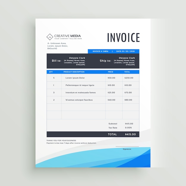 Blue wavy invoice template