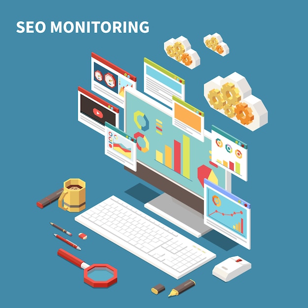 Blue web seo isometric composition with seo monitoring headline and isolated elements windows clouds  illustration