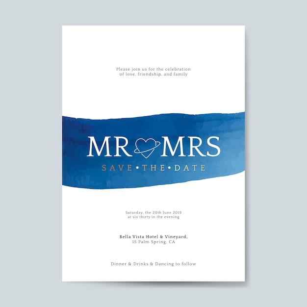 青い結婚式の招待カードのベクトル