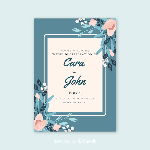 Blue wedding invitation with flowers