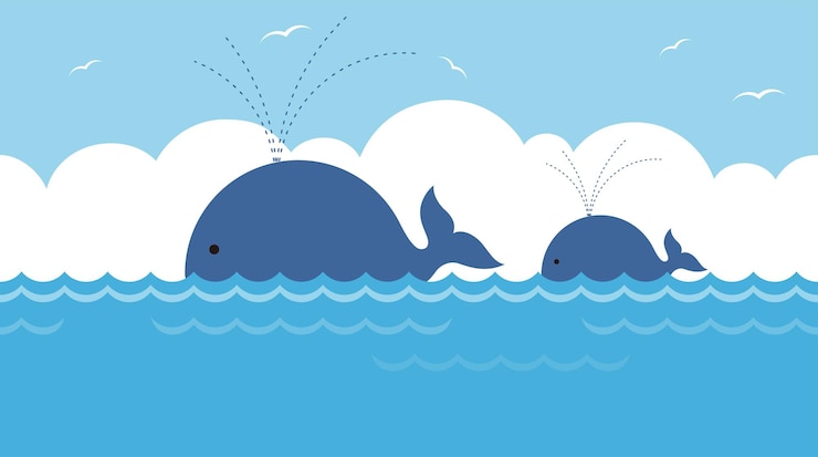 Free Vector a blue whale and a white bird are swimming in the ocean.