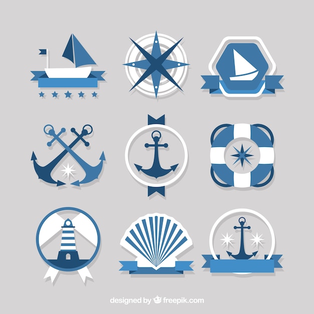 Free vector blue and white badges with nautical items