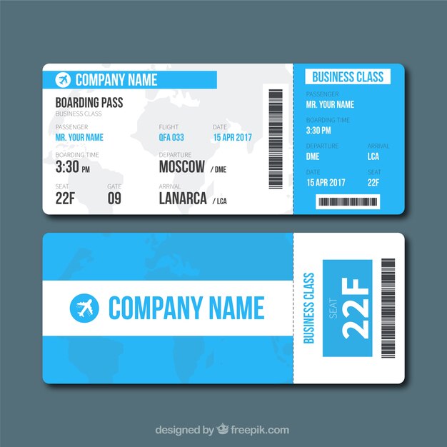 Blue and white boarding pass in flat design