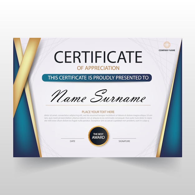 Certificato orizzontale blu elegant con illustrazione vettoriale