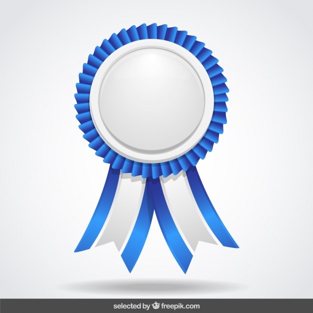 Blue and white label with ribbons