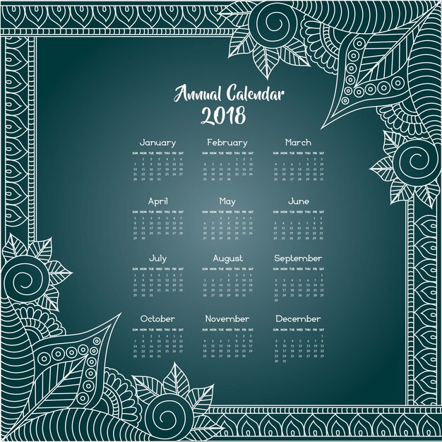 blue and white Mandala Style floral calendar 2018