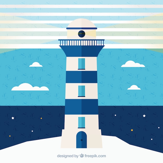 Free vector blue and white nautical background with lighthouse