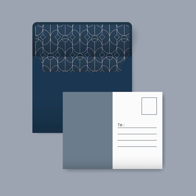 Blue and white postcard with a golden geometric pattern