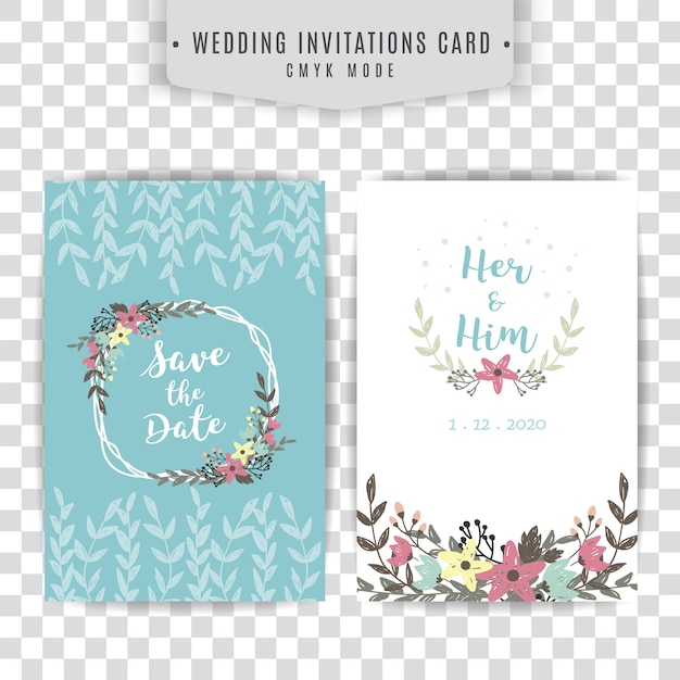 Blue and white wedding card with floral design