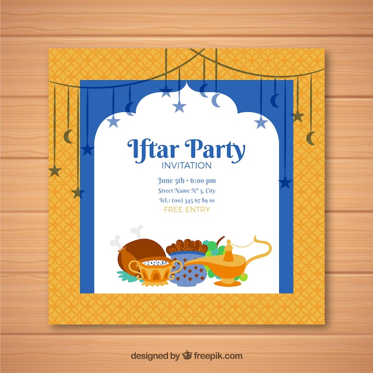 무료 Vector 파란색과 노란색 iftar 초대장 템플릿