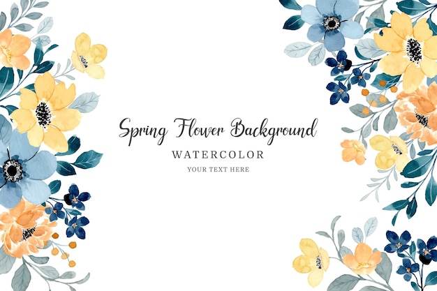 Blue yellow spring flower background with watercolor