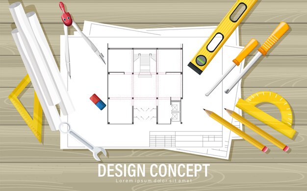 Концепция дизайна Blueprint с инструментами архитектора на деревянный стол