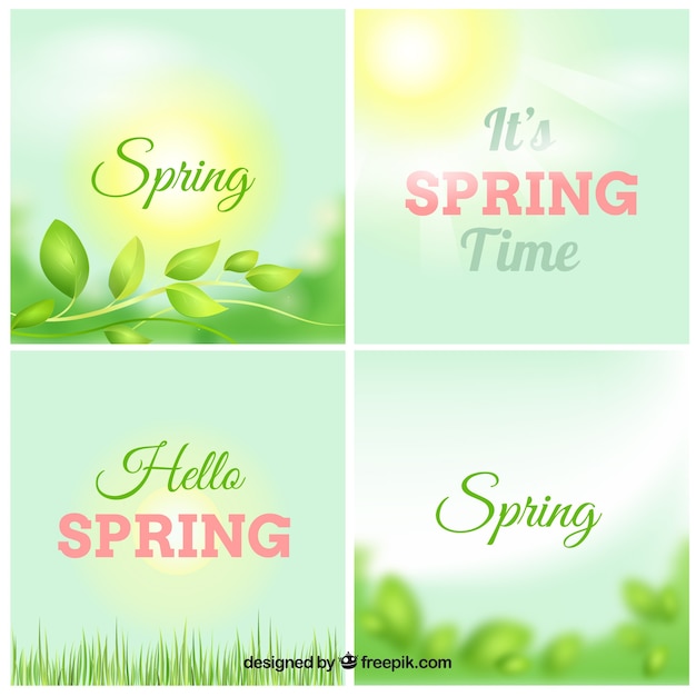 Blurry spring cards with sun and leaves