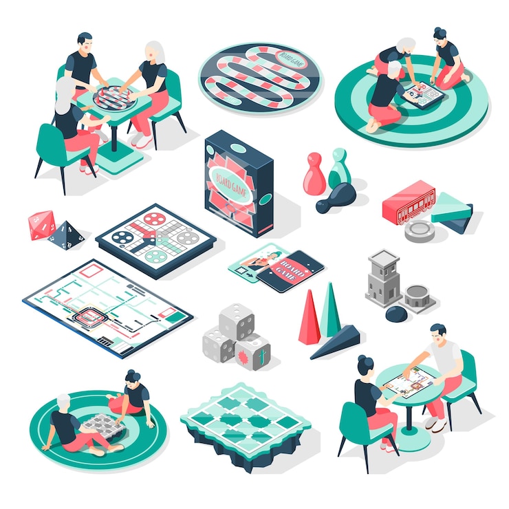 Free Vector board games isometric set with playing couples families dice pegs tokens virtual on tablet screen vector illustration