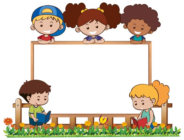 Board template with five kids in garden