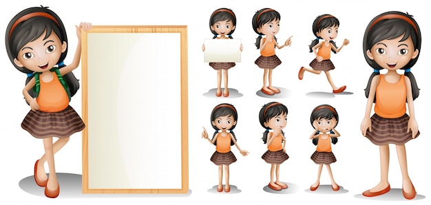 Board template with little girl in different actions