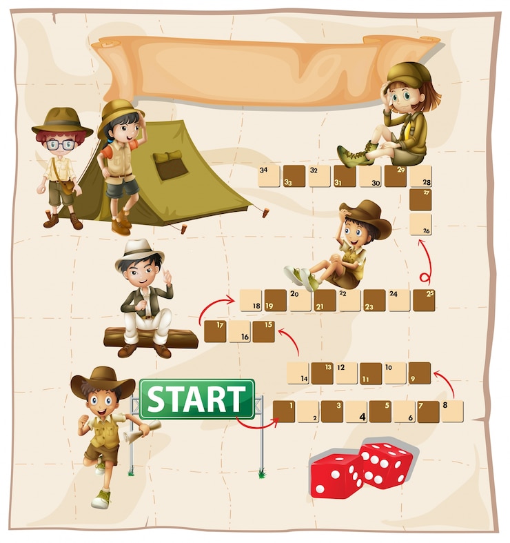 Free Vector boardgame template with kids camping out