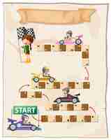 Free vector boardgame template with kids in racing cars