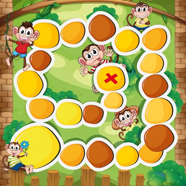 森のイラストの猿のボードゲームのテンプレート