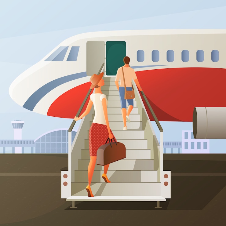 Free Vector boarding in airplane composition