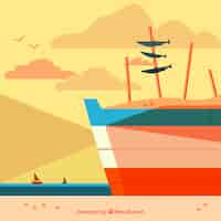 Free vector boat background with sardines in flat design