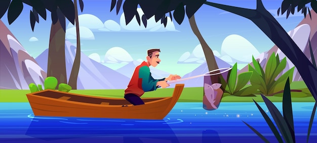 Barca in acqua di lago con uomo che tiene il pesce in rete