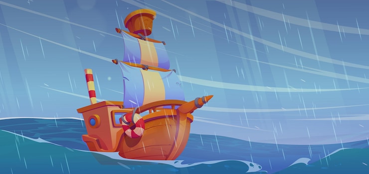 Free Vector boat in stormy sea with rain ship on ocean wave
